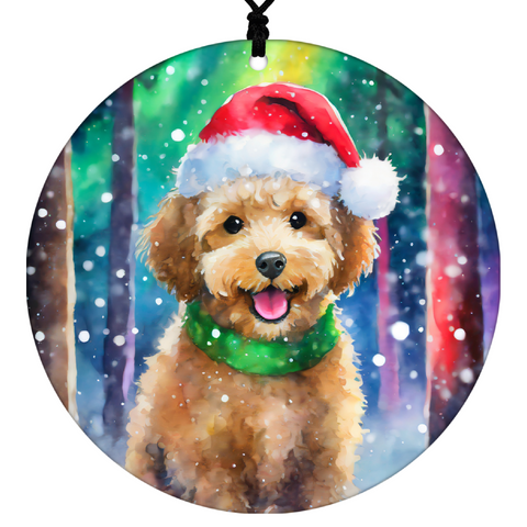 Dog Christmas Ornament - Watercolor Theme With Snow, Santa Cap and Northern Lights