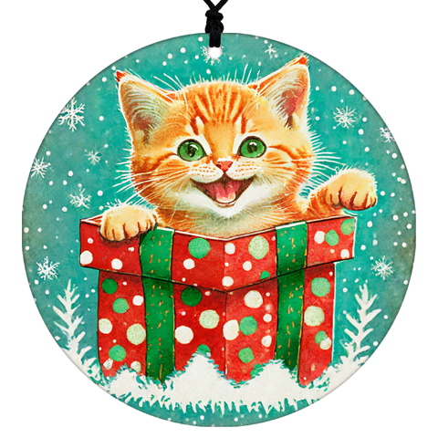 Cat Christmas Ornament - Vintage Style Featuring Kitten and Wrapped Gift
