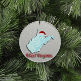 State Christmas Ornament - Winter Theme Featuring Snow, State Terrain Map and Santa Cap