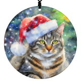Cat Christmas Ornament - Watercolor Theme With Snow, Santa Cap and Northern Lights