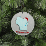 State Christmas Ornament - Winter Theme Featuring Snow, State Terrain Map and Santa Cap