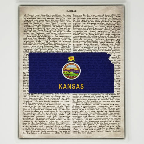 Kansas Flag Canvas Wall Decor - 8x10 Decorative Kansas State Map Silhouette Encyclopedia Art Print - KS Decorations