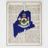 Maine Flag Canvas Wall Decor - 8x10 Decorative Maine State Map Silhouette Encyclopedia Art Print - ME Decorations