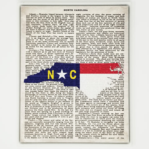 North Carolina Flag Canvas Wall Decor - 8x10 Decorative NC State Map Silhouette Encyclopedia Art Print - Carolina Decorations