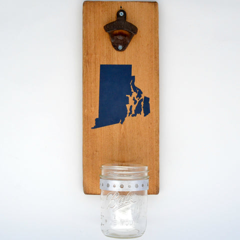 Rhode Island - Wall Mounted Bottle Opener with Cap Catcher - Cranberry Collective - Cape Cod Gifts - Beach and Nautical Decor