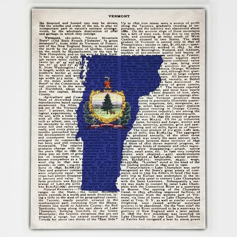 Vermont Flag Canvas Wall Decor - 8x10 Decorative Vermont State Map Silhouette Encyclopedia Art Print - VT Decorations